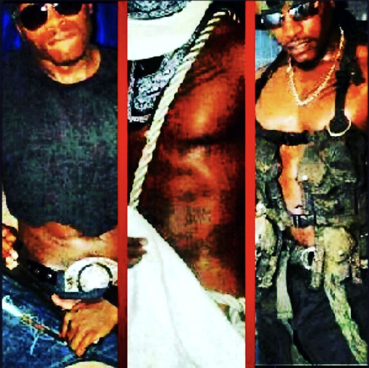 XL in three stage looks: denim, white towel and rope, camo vest